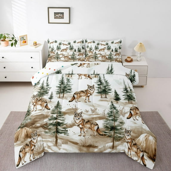 Wolf Comforter Set,Woodland Animals Bedding Set Bedroom,Wolves Wildlife Duvet Insert,Rustic Farmhouse Bed Set,Jungle Hunting Theme Down Comforter 2 Pcs
