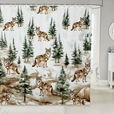 Wolf Shower Curtain 72"Wx72"L,Woodland Animals Bathroom Shower Curtain,Wolves Wildlife Waterproof Bathroom Curtains,Rustic Farmhouse Jungle Hunting Theme Bath Curtain With Hooks