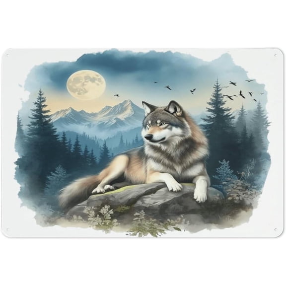 Wolf King and Mountain Scene Metal Tin Sign, Moonlit Forest and Snow-Capped Peaks Wall Decor, 12 x 8 Inches