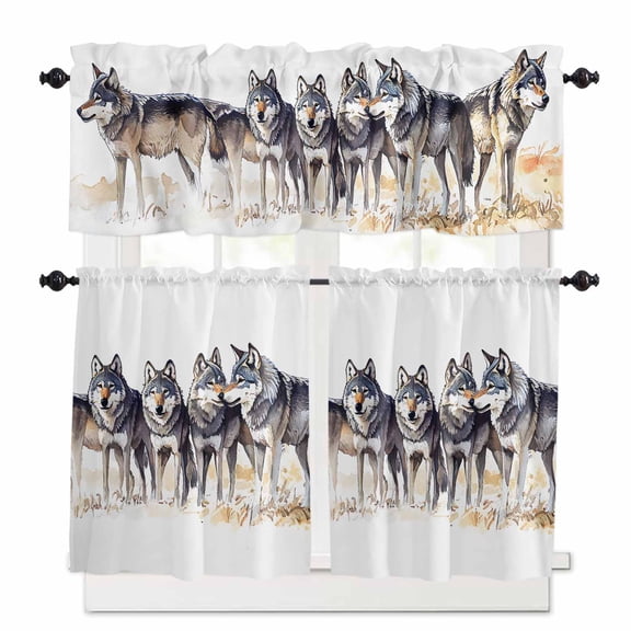Wolf Kitchen Curtains Valance and Tier Set Watercolor Wolf Rod Pocket Short Curtains for Small Window 3 Pieces Set for Bedroom Bathroom Cafe (54" x 18"+27" x 24")