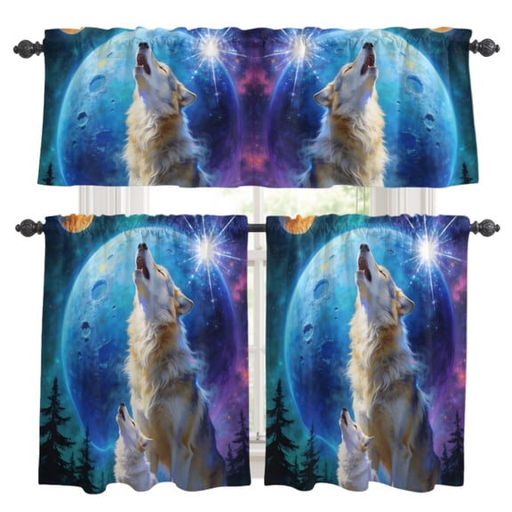 Wolf Kitchen Curtains Valances 3 Piece Set, Watercolor Roaring Wolf Fantasy Universe Planet Forest Tree Rod Pocket Tier Curtain and Valance Drapes for Small Window 36 Inch Length for Bedroom Cafe