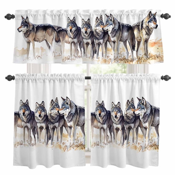 Wolf Kitchen Curtains Valances and Tiers Set of 3 Watercolor Wolf Tier Curtains and Valance with Rod Pocket for Small Windows, 27.5"x24"
