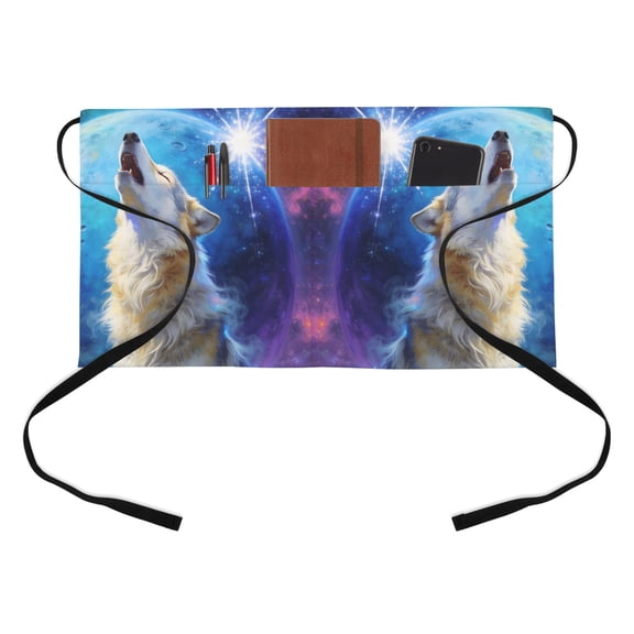 Wolf Kitchen Restaurant Half Waist Apron, Watercolor Roaring Wolf Fantasy Universe Planet Forest Tree Server Short Apron with 3 Pockets Waterproof Oil Waist Aprons for Women Waitress Waiter
