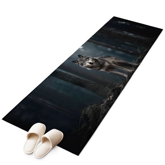 Wolf Kitchen Runner Rug 2x6 Washable Runners for Hallway Non Slip Mystery Animal Dark Forest Large Area Rug Indoor Floor Carpet for Bathroom Laundry Entryway Bedroom Living Room