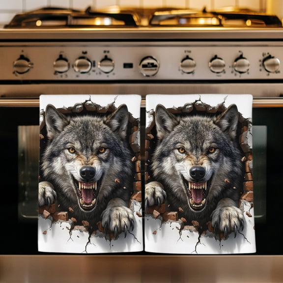 Wolf Kitchen Towels Set of 1, Animal Broken Wall Dynamic Angry Expression Absorbent Dish Towels for Kitchen, Microfiber Hand Towel, Quick Drying Tea Towel for Cleaning Decorative Dishcloths