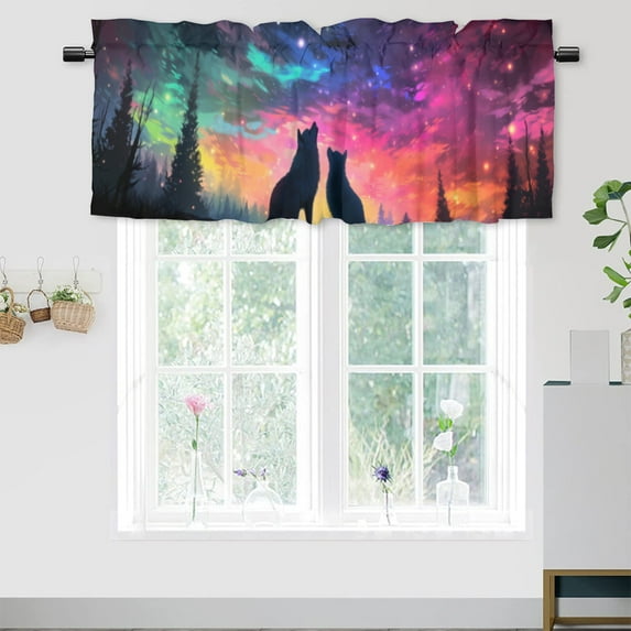Wolf Kitchen Valance Curtain Rod Pocket Abstract Animal Silhouette Colorful Galaxy Night Sky Forest Window Treatment Valance Curtains for Bathroom 54 by 18 in, 1 Panel