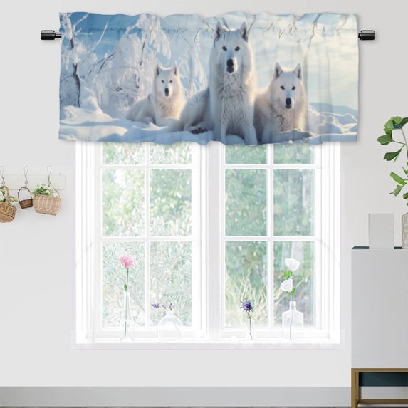 Wolf Kitchen Valance Curtain Rod Pocket Winter Misty Forest Wildlife Safari Animal Wolves Snowflake Pine Tree Thermal Insulated Room Darkening Curtain for Dinning Room 54 by 18 in, 1 Panel