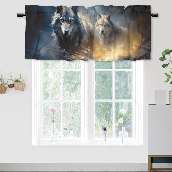 Wolf Kitchen Valance Curtains Watercolor Wildlife Animal Night Snowy Winter Window Valance for Living Room Bathroom Bedroom, Kitchen Valance Rod Pocket Window Decor Curtain 54 by 18 in, 1 Panel