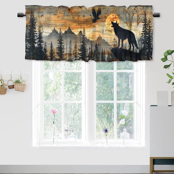 Wolf Kitchen Window Curtain Valance Forest Eagle Wild Animals Rustic Wooden Board Rod Pocket Window Valance for Living Room Bathroom Bedroom Kitchen 54 by 18 in, 1 Panel