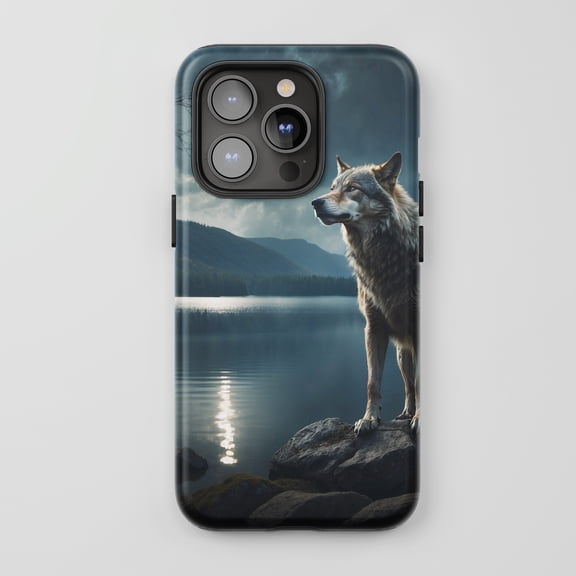 Wolf Lake Scene For All iPhone Series Tough Phone Case Nature Art Blue