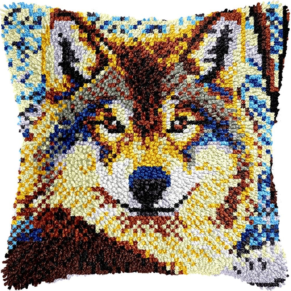 Wolf Latch Hook Kits Pillow kits Cushion Throw Pillow Embroidery Craft Kits DIY Kits of DIY Hooking Pillowcase Cover Supplier with Color Printed Canvas 43x43cm (163)