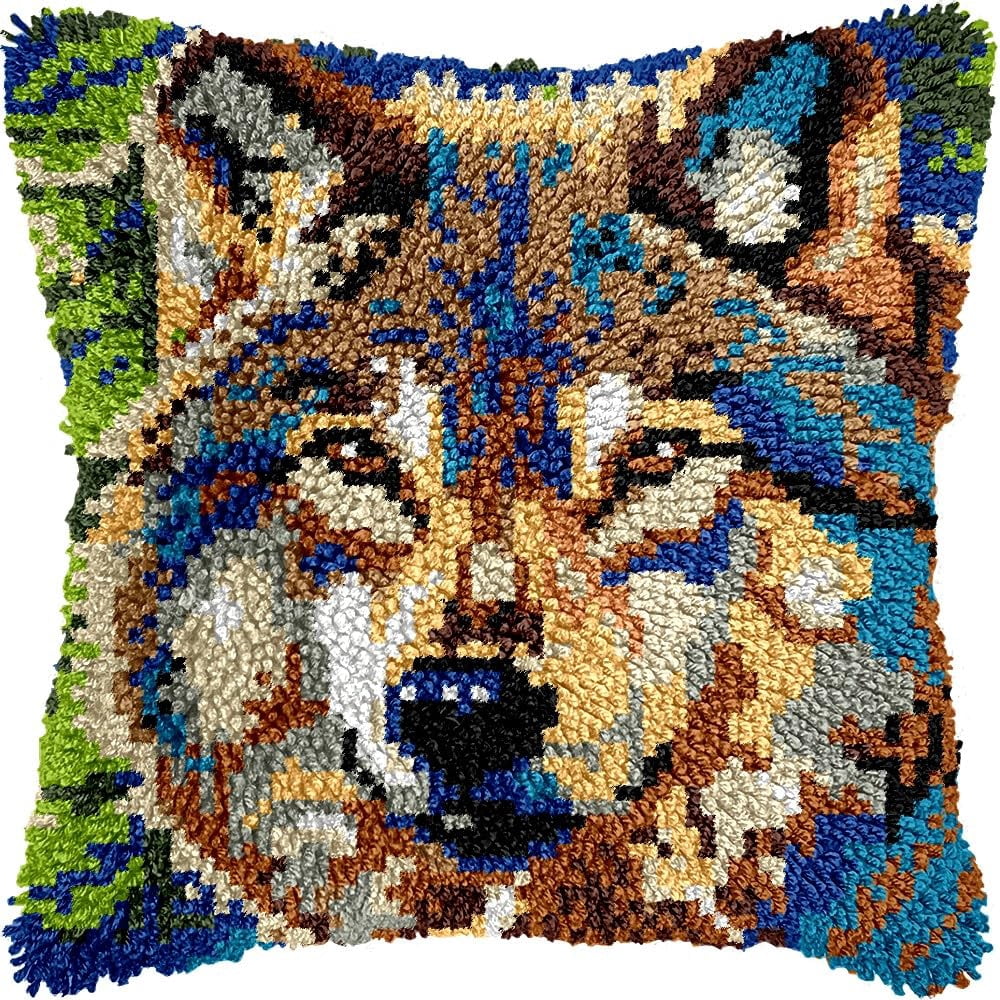 Wolf Latch Hook Kits Pillow kits Cushion Throw Pillow Embroidery Craft Kits DIY Kits of DIY Hooking Pillowcase Cover Supplier with Color Printed Canvas 43x43cm (164)