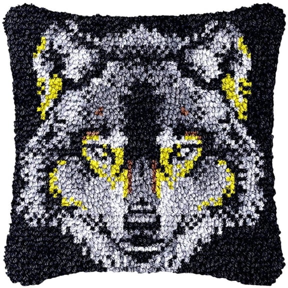 Wolf Latch Hook Pillow Cover Kits for DIY Handmade Throw Pillow Cross Stitch Latch Hook Pillowcase Rug Kits with Preprinted Color Pattern Canvas Crochet Yarn Kits 17''X 17''(bs207)