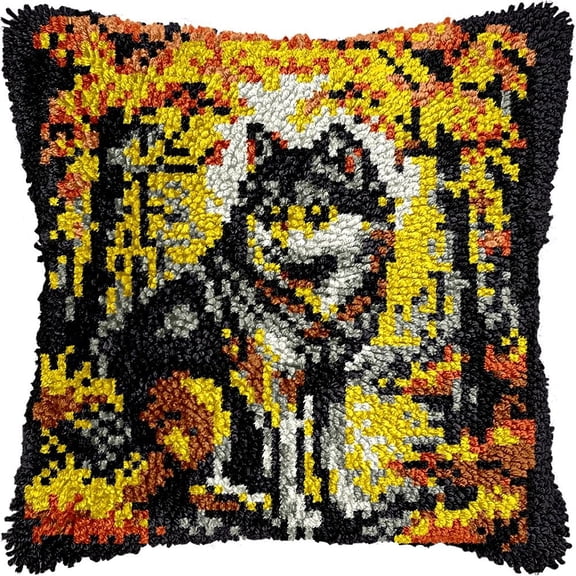 Wolf Latch Hook Pillow Kits for DIY Handmade Throw Pillow Cushion Embroidery Latch Hooking Pillowcase Kits with Preprinted Canvas Crochet Yarn Kits 17''X 17''(g106)