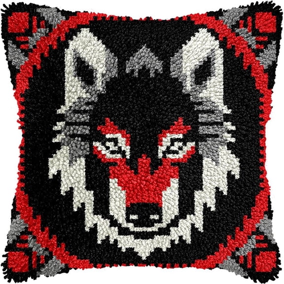 Wolf Latch Hook Pillow Kits for DIY Throw Pillow Cushion Embroidery Latch Hooking Pillowcase Kits with Preprinted Canvas Crochet Yarn Kits for Home Decor 17''X 17''(d176)