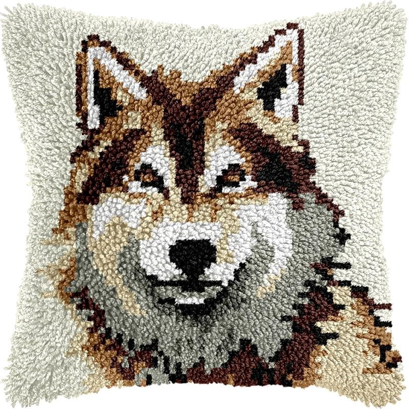 Wolf Latch Hook Pillow Kits Pillow Cover Pattern Printed Canvas Crochet Knitted Hooking Pillowcase Cushion Crafts Embroidery Latch Hooking Crochet Kits Set 17x17 inch(91)