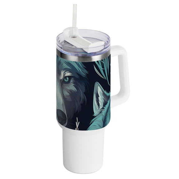 Wolf Leaves Green 40 oz Tumbler with Handle Insulated&nbsp;Travel Mug&nbsp;Lid Straw Leak Proof Steel Vacuum Water Bottles Glasses Fits in Car Cup Holder