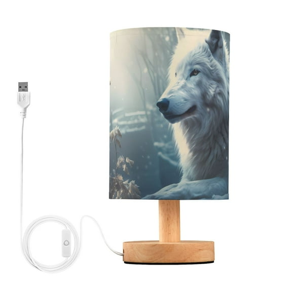 Wolf Leaves Snow Table Lamp USB Bedside Desk Nightstand Lamp Printed Gifts Small Lamp Wood Base for Bedroom Living Room Kids Room College Dorm