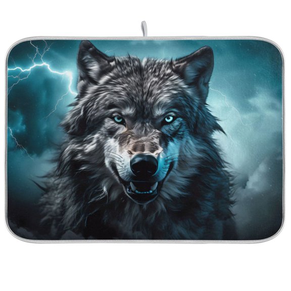 Wolf Lightning Clouds Dish Drying Mat Dish Drainer Rack Mats Water Absorbent Non-Slip Easy Clean Heat Resistant for Kitchen Counter