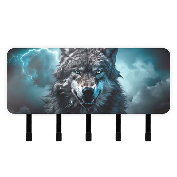 Wolf Lightning Clouds Mail Holder Organizer Wall Mount with Shelf Key Holder Key Rack with 5 Key Hooks for Wall Decorative