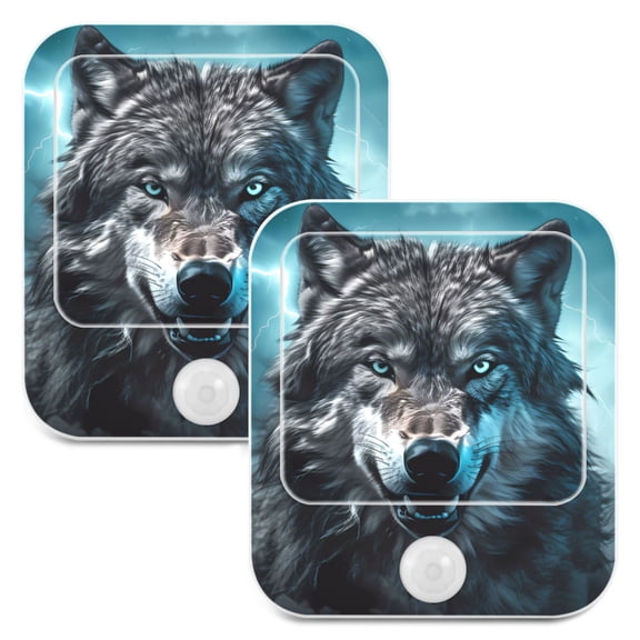 Wolf Lightning Clouds Night Lights Plug into Wall LED with Auto Light Sensor Warm Light for Kids Hallway Bedroom Living Room Kitchen Bathroom Set of 2
