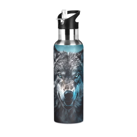 Wolf Lightning Clouds Sports Water Bottle with Straw Lid Insulated Stainless Steel Leak Proof BPA Free Thermal Mug with Handle for Gym Yoga Cycling Camping