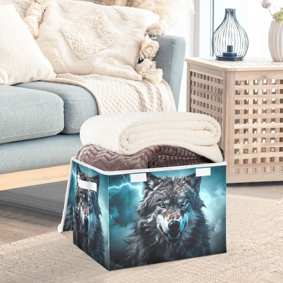 Wolf Lightning Clouds Storage Basket Foldable Laundry Basket Shelf Kids Toy Storage Container Organizer with Handles