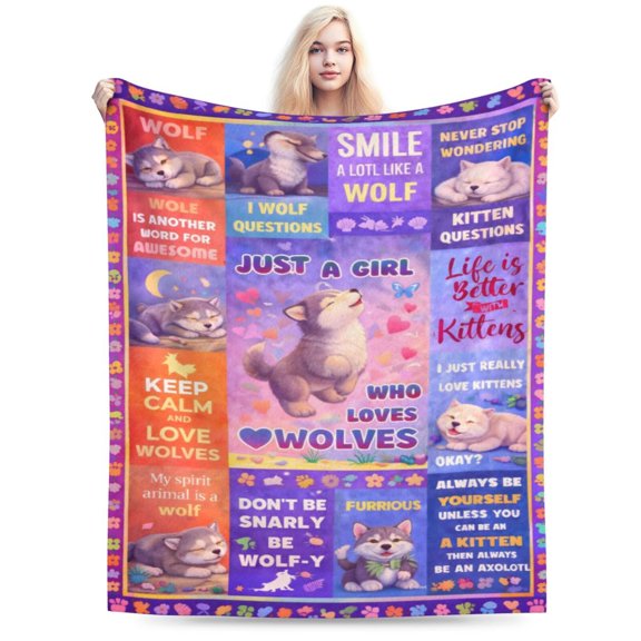 Wolf Lover Gift Throw Blanket Cute Cartoon Wolf Pattern Blanket Cozy Soft Home Decor Gift for Girls Animal Lovers 50x40