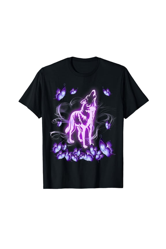Wolf Magical Purple Butterfly Wolf Lover T-Shirt