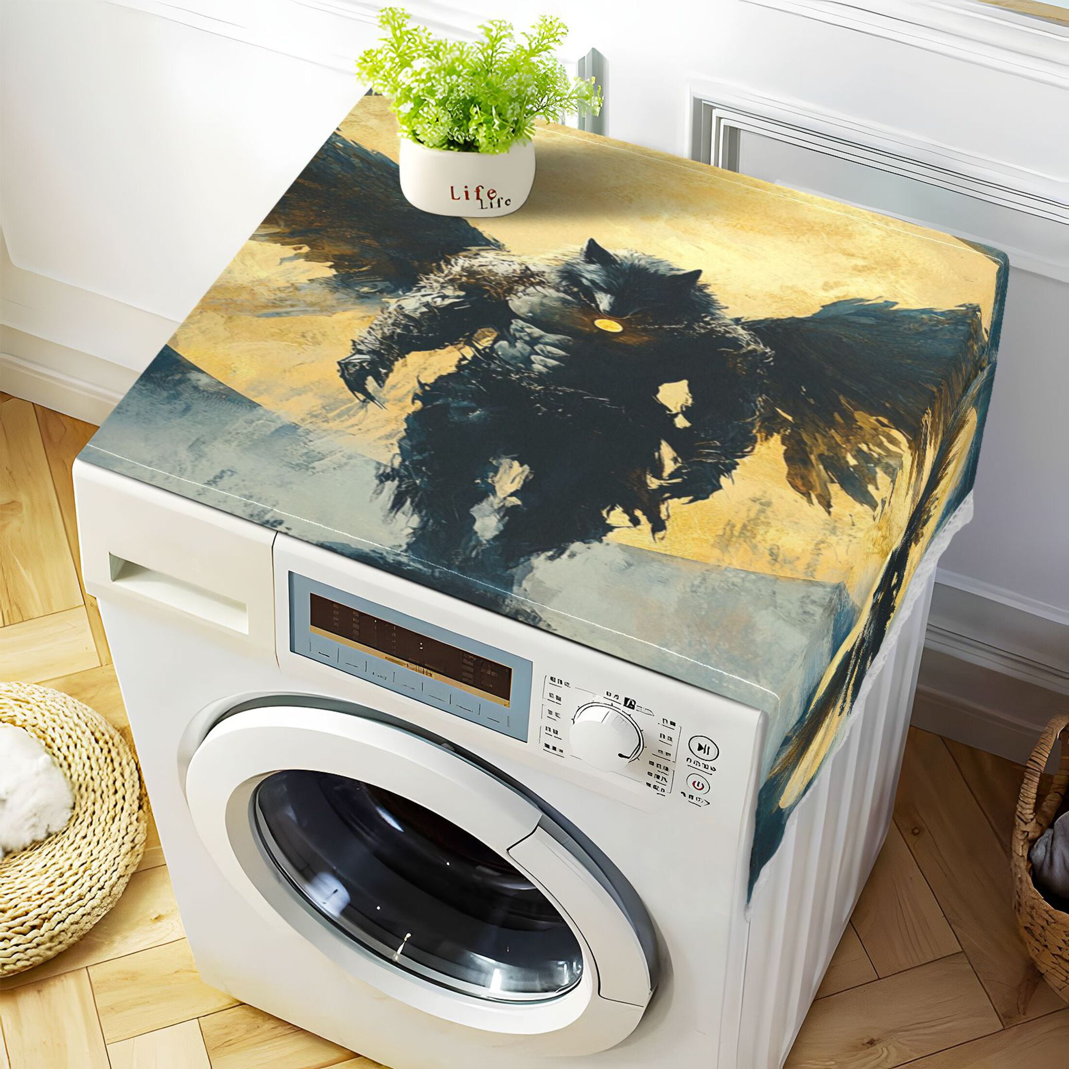Wolf Man As An AngelWasher and Dryer Covers Dust-Proof and Oil Resistant Fridge Cover with 4 Storage Pockets Washing Machine Top Cover for Laundry Kitchen Home 51.2 x 22 In