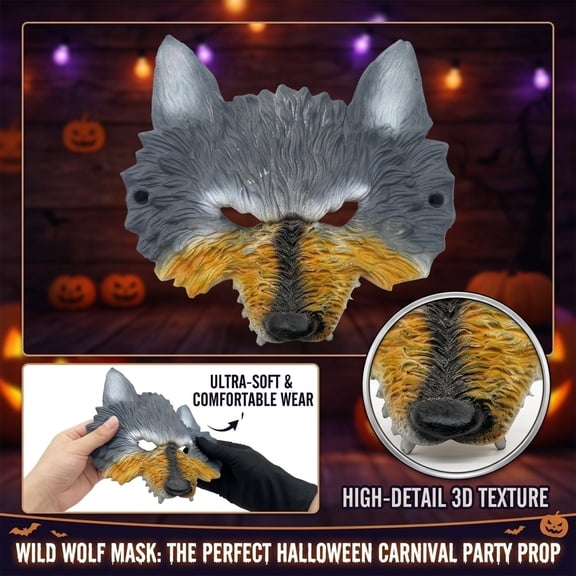 Wolf Mask 3D Gray Soft Comfortable 1 Pack Halloween Cosplay Costume Prop for Halloween Carnival Costume Party Masquerade Halloween Theme Dress Up Party Decoration Photo Prop for Adult Party Gift