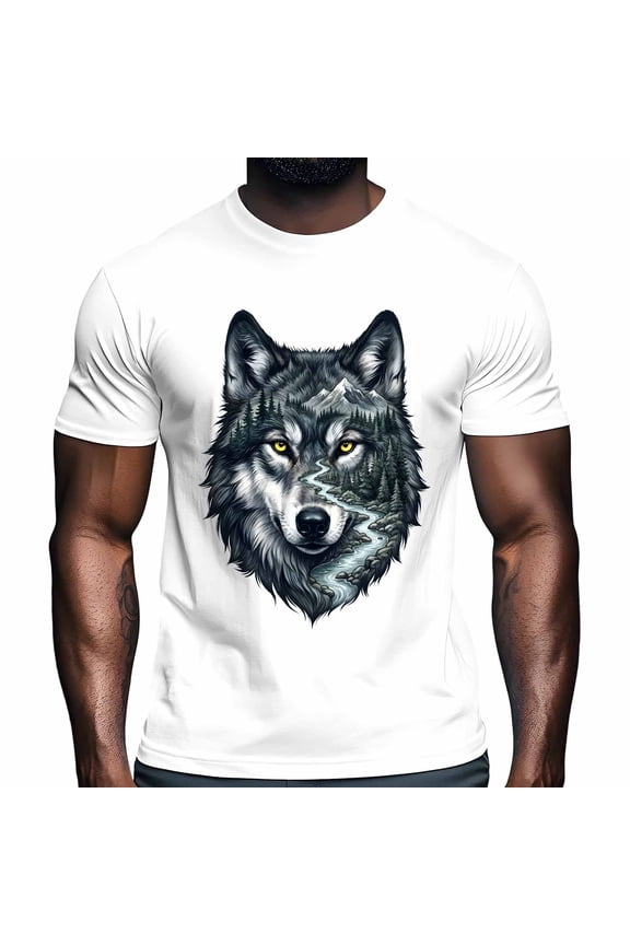 Wolf Men's T Shirts Cartoon Dark Grey Forest River Mountain Wolf Animals T-Shirt for Men Crew Neck Tees Cotton Tops White, 3XL