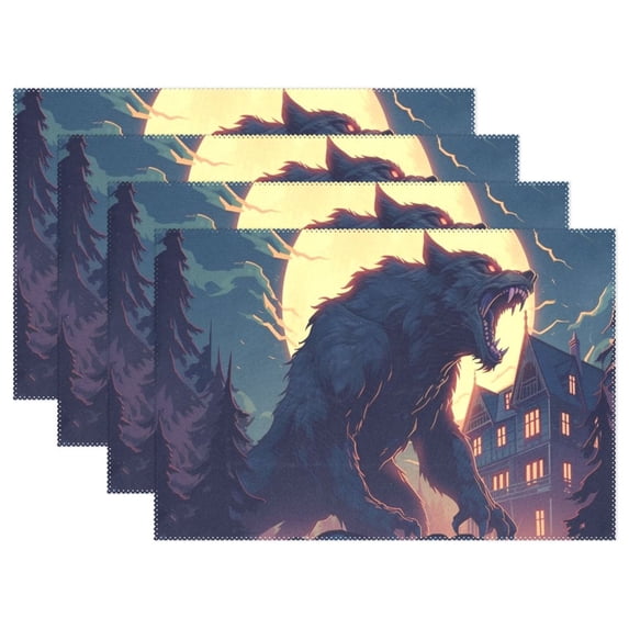 Wolf Monster Houses and Moon 12×18 inch Placemats Heat Resistant Washable Foldable Rectangular Placemats Set Decoration Indoor Outdoor for Kitchen Dining Table 6PCs