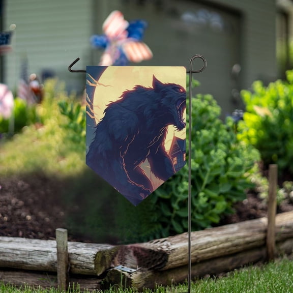 Wolf Monster Houses and Moon Garden Flag 18" x 12.5" Double Sided Yard Lawn Outdoor Decor Small Yard Flags