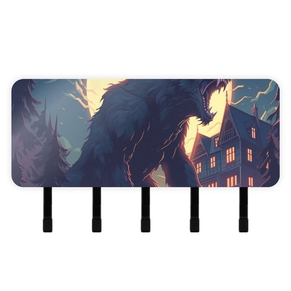 Wolf Monster Houses and Moon Mail Holder Organizer Wall Mount with Shelf Key Holder Key Rack with 5 Key Hooks for Wall Decorative