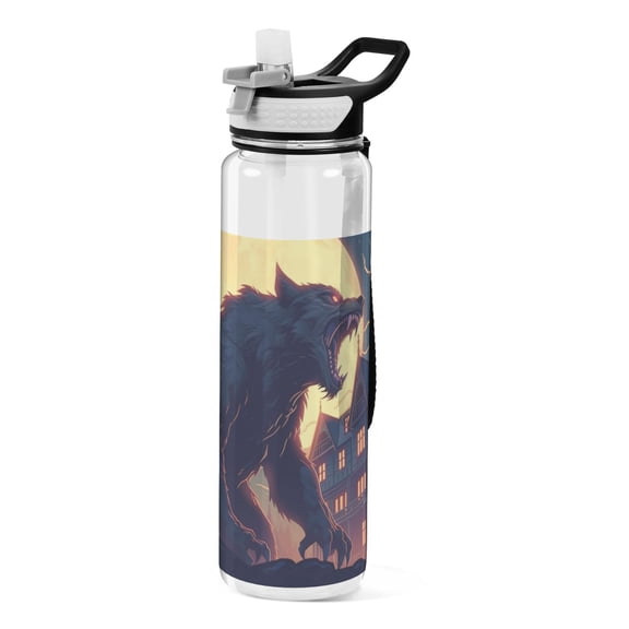 Wolf Monster Houses and Moon Sports Water Bottle Portable Travel Mug 32oz BPA Free Leak Proof Straw Transparent Tritan for Gym Yoga Cycling Camping