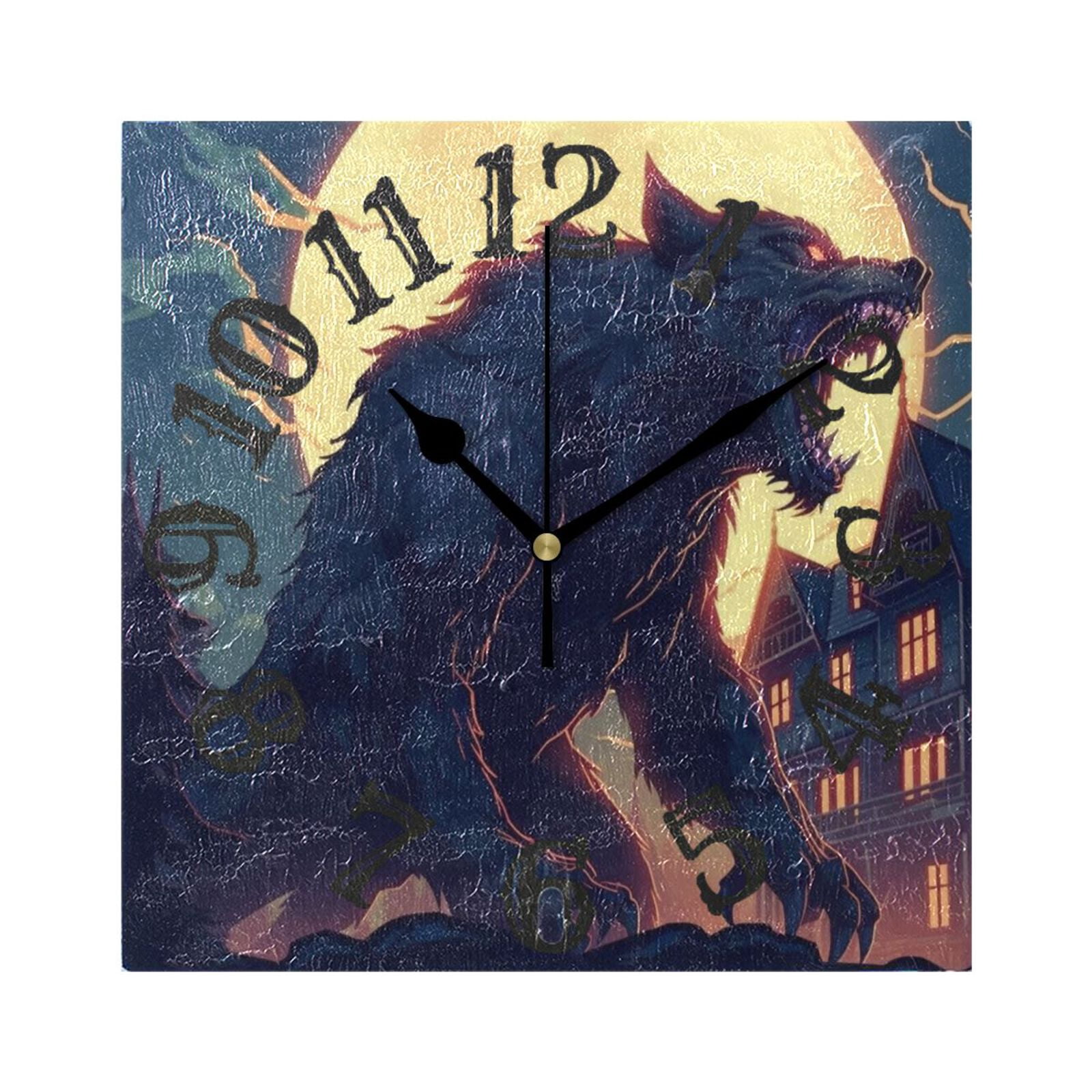 Wolf Monster Houses and Moon Wall Clock Square Silent Non Ticking ...