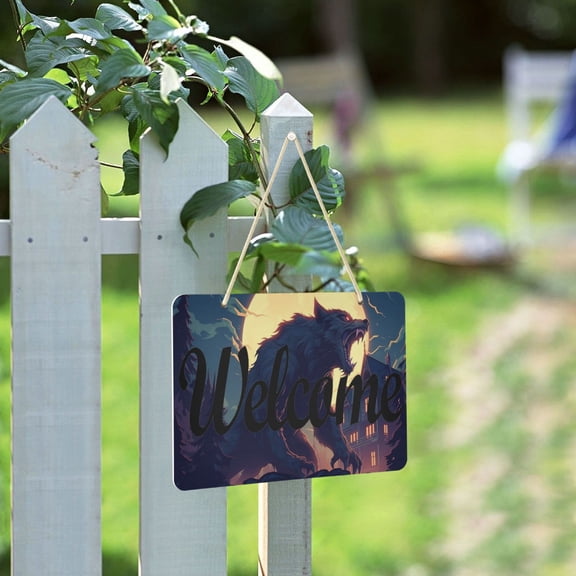 Wolf Monster Houses and Moon Welcome Sign for Front Door Porch Wreath Door Sign Home Decoration Rustic Farmhouse Style
