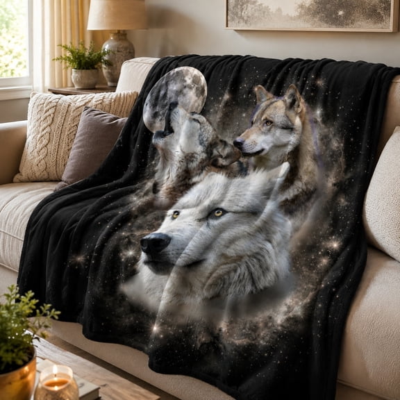 Wolf Moon Starry Night Animal Print Fleece Throw Blanket, Soft 280 Gsm Polyester, Animal Lover Decor for Couch, Sofa & Bed