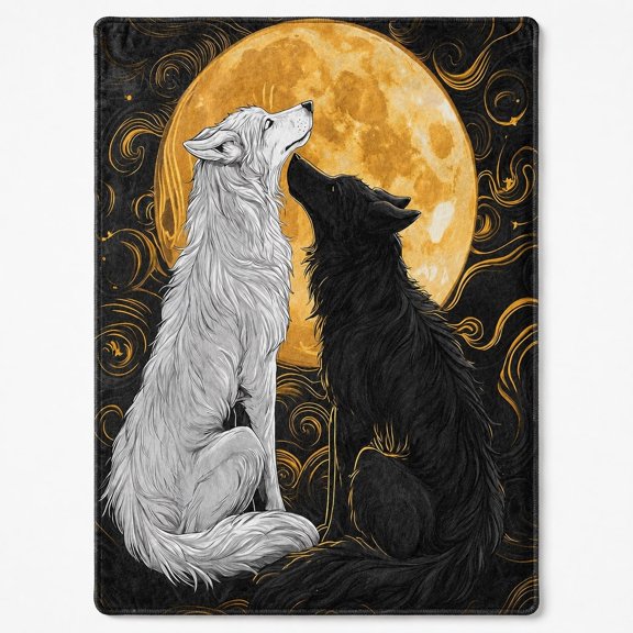 Wolf Moon Fleece Blanket – Two Wolves Full Moon Art Throw, Soft 280GSM Polyester, 4 Sizes