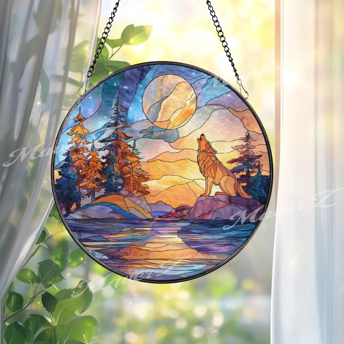 Window Howling Wolf Moon Glass Suncatcher, Round Forest Sunset Window Panel, Howling ...