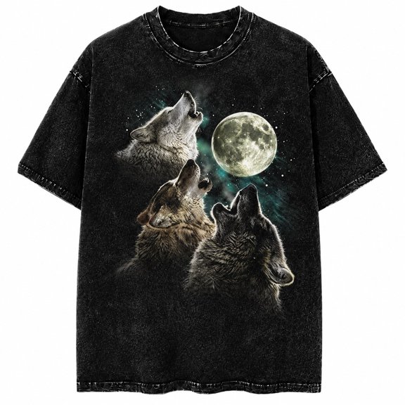 Wolf Moon Graphic Washed T-Shirt, Unisex Classic Fit Mineral-Wash Cotton Tee