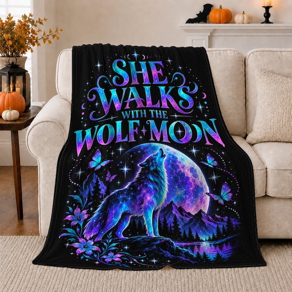 Wolf Moon Howling At Stars Celestial Scene Mystical, Peaceful Mountain Lake Scene, Warm Flannel Blanket for Cabin and Lodge, Outdoor Lovers Friendship Gift, Fantasy Home Decor