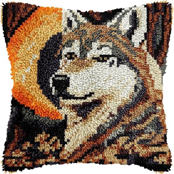 Wolf Under Moon Latch Hook Kits Pillow DIY Pillowcase Crochet Hook Cushion Making Kits with Preprinted Pattern Canvas Instruction Yarns Pillow Cover Easy Starter DIY Crochet Kits 43x43cmf160)