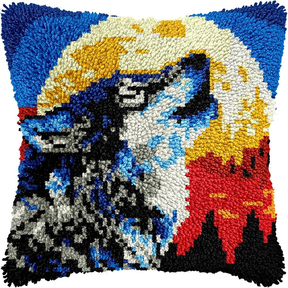 Wolf and Moon Latch Hook Kits Pillow DIY Pillowcase Crochet Hook Cushion Making Kits with Preprinted Pattern Canvas Instruction Yarns Pillow Cover Easy Starter DIY Crochet Kits 43x43cm（L89)