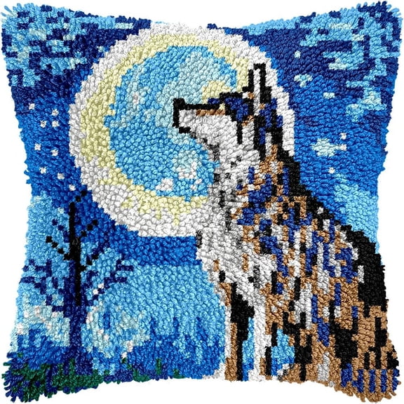 Wolf under Moon Latch Hook Pillow Kits for DIY Throw Pillow Cushion Embroidery Latch Hooking Pillowcase Kits with Preprinted Canvas Crochet Yarn Kits for Home Decor 17''X 17''(j3)