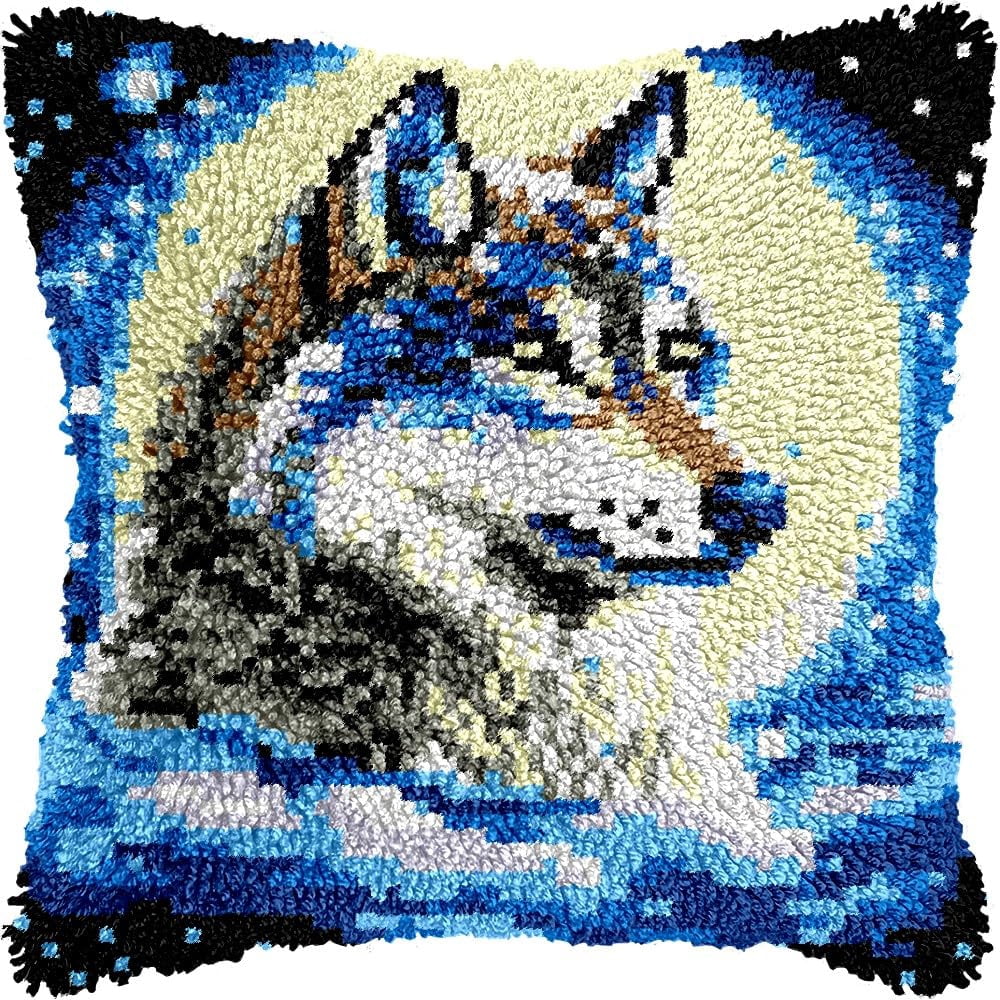 Wolf & Moon Latch Hook Pillow Kits for DIY Throw Pillow Cushion Embroidery Latch Hooking Pillowcase Kits with Preprinted Canvas Crochet Yarn Kits for Home Decor 17''X 17''(C179)