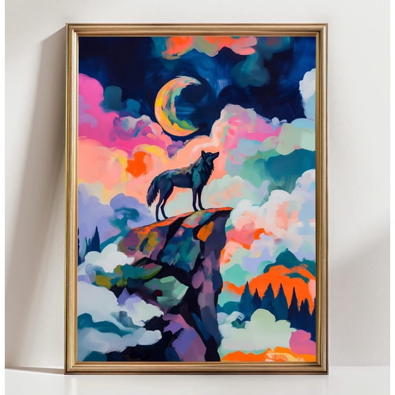 Wolf Moon Night Sky Landscape Whimsical Animal Portrait Wall Art Decor Unframed Paper Print