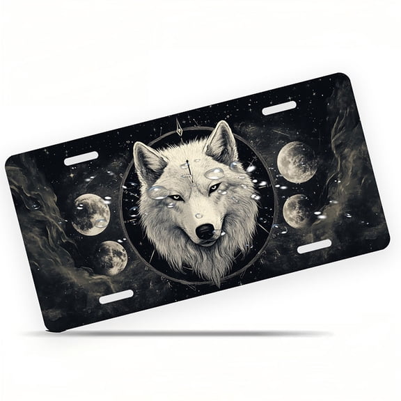 Wolf and Moon Phases Front License Plate, Metal License Plate, Funny Standard Plates Personalized Novelty Decorative For Men/Women/Boys/Girls Car 6×12 7 Inch