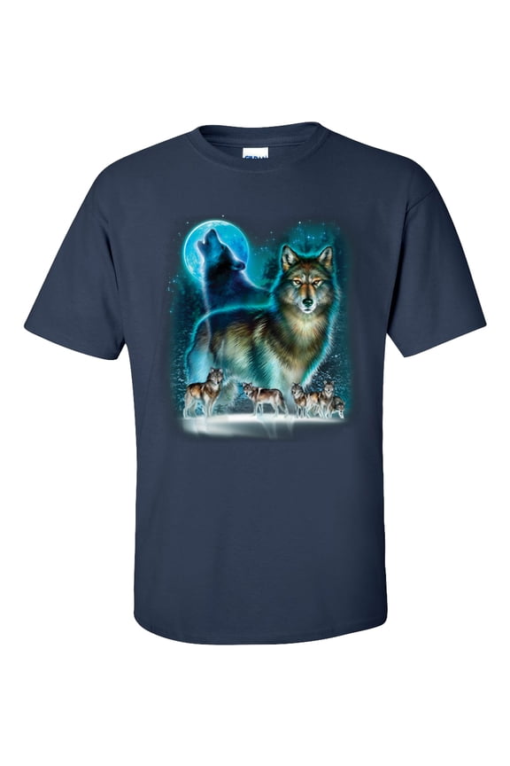 Wolf Moon Silhouette T-shirt Wolves In The Wild Scenic Forest Howling Wolverine Majestic-Navy-Small